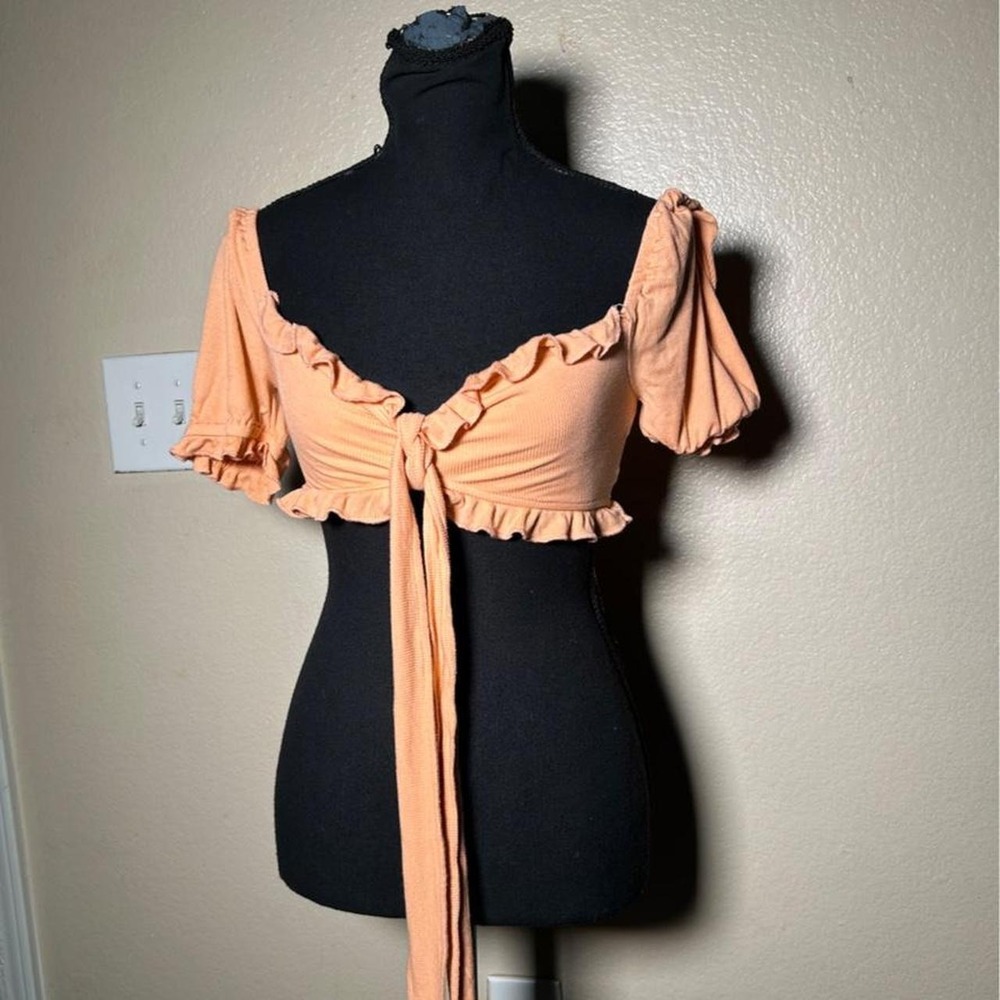Hot & Delicious Peach Ruffled Tie Front Cropped Ruched Short Sleeve Bolero Top S